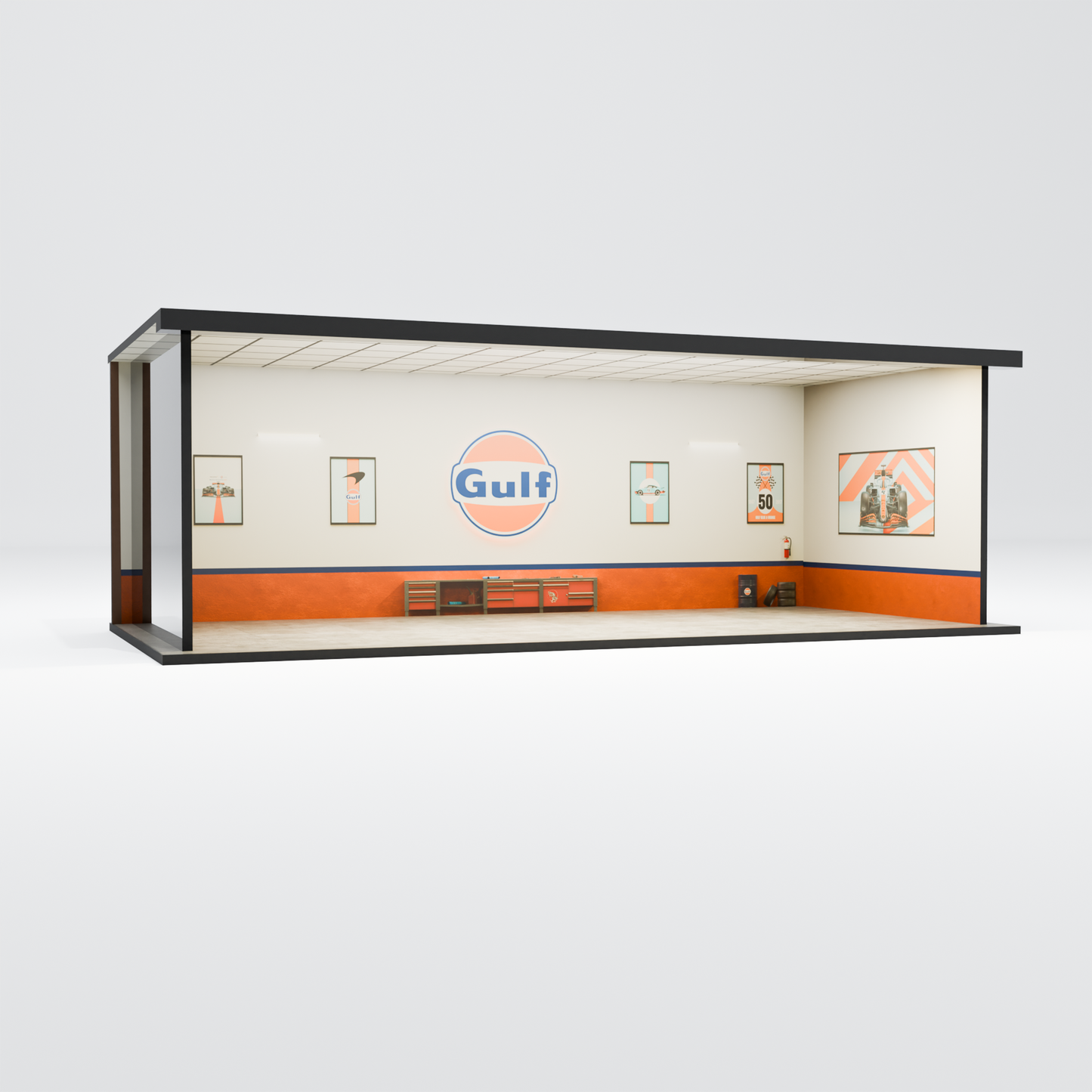 Gulf Workshop Garage Diorama – 1:64 Scale Acrylic Diorama (30x14x10 cm)