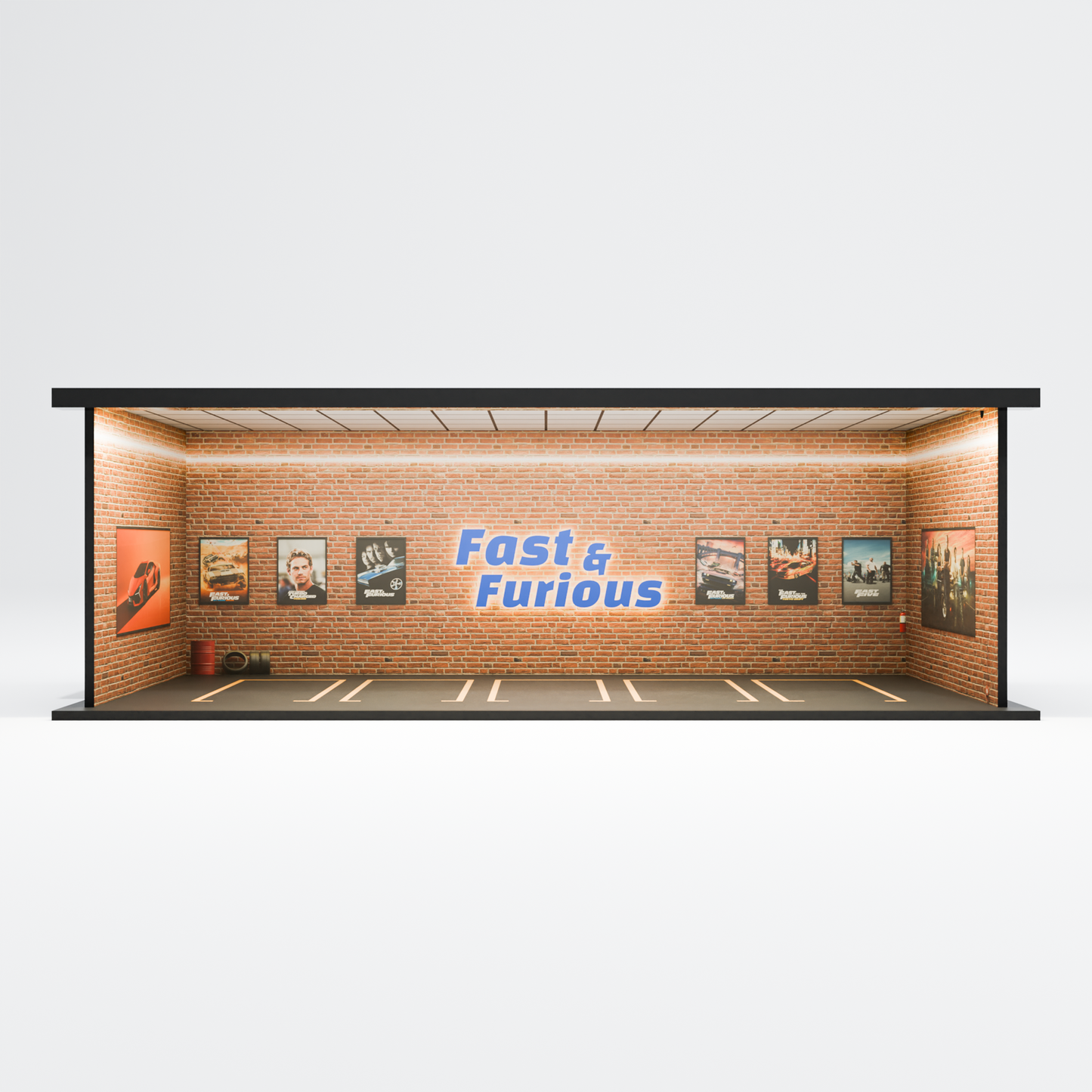 Fast & Furious Garage Diorama – 1:64 Scale Acrylic Diorama (30x14x10 cm)