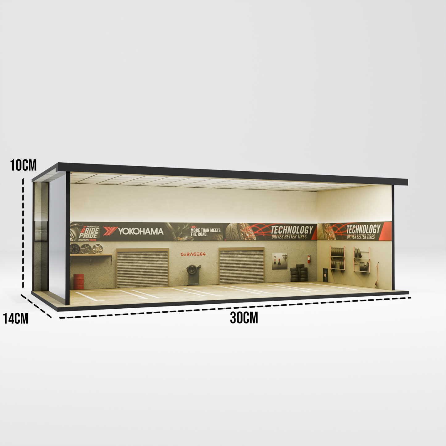 Yokohama Tire Workshop Garage Diorama – 1:64 Scale Acrylic Diorama (30x14x10 cm)