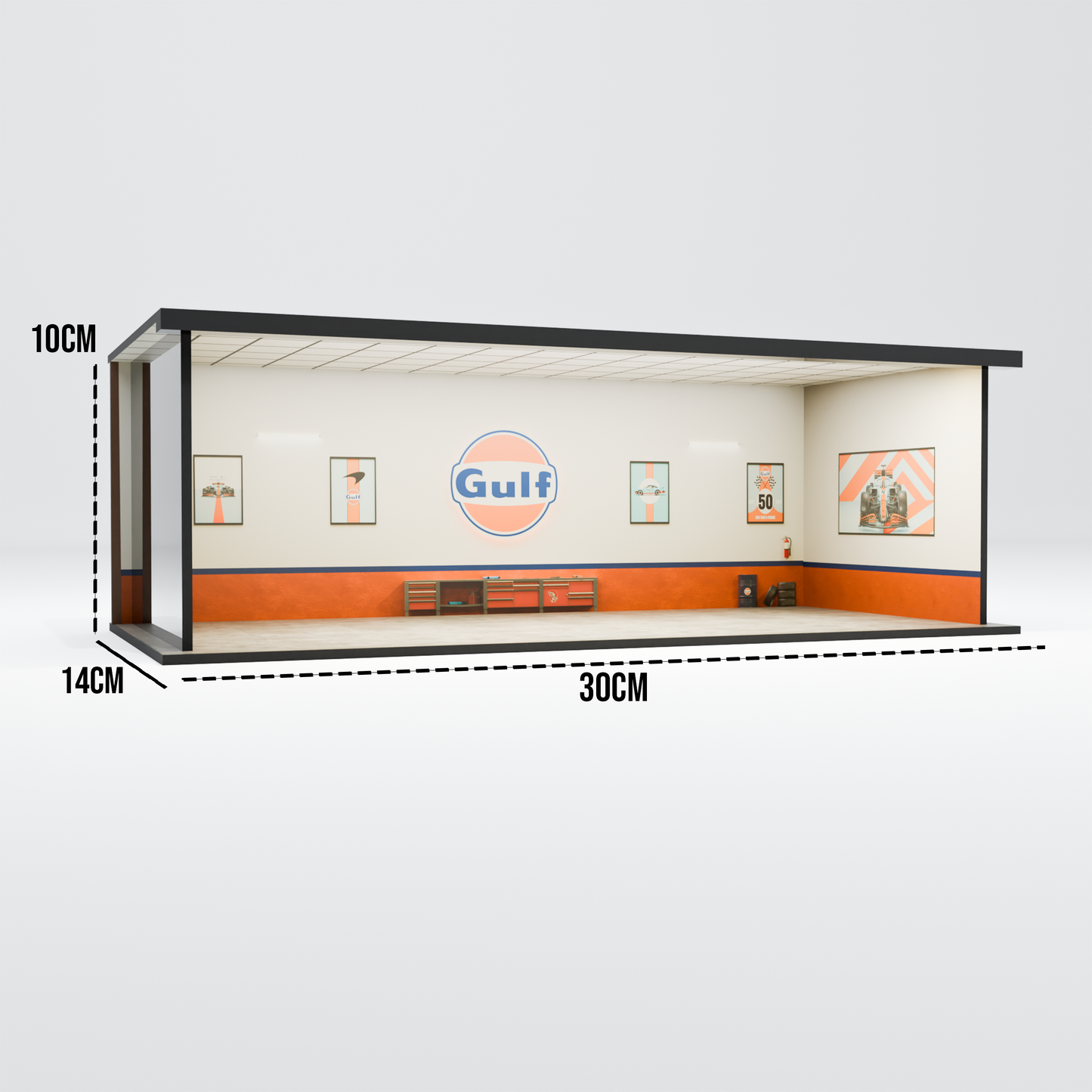Gulf Workshop Garage Diorama – 1:64 Scale Acrylic Diorama (30x14x10 cm)