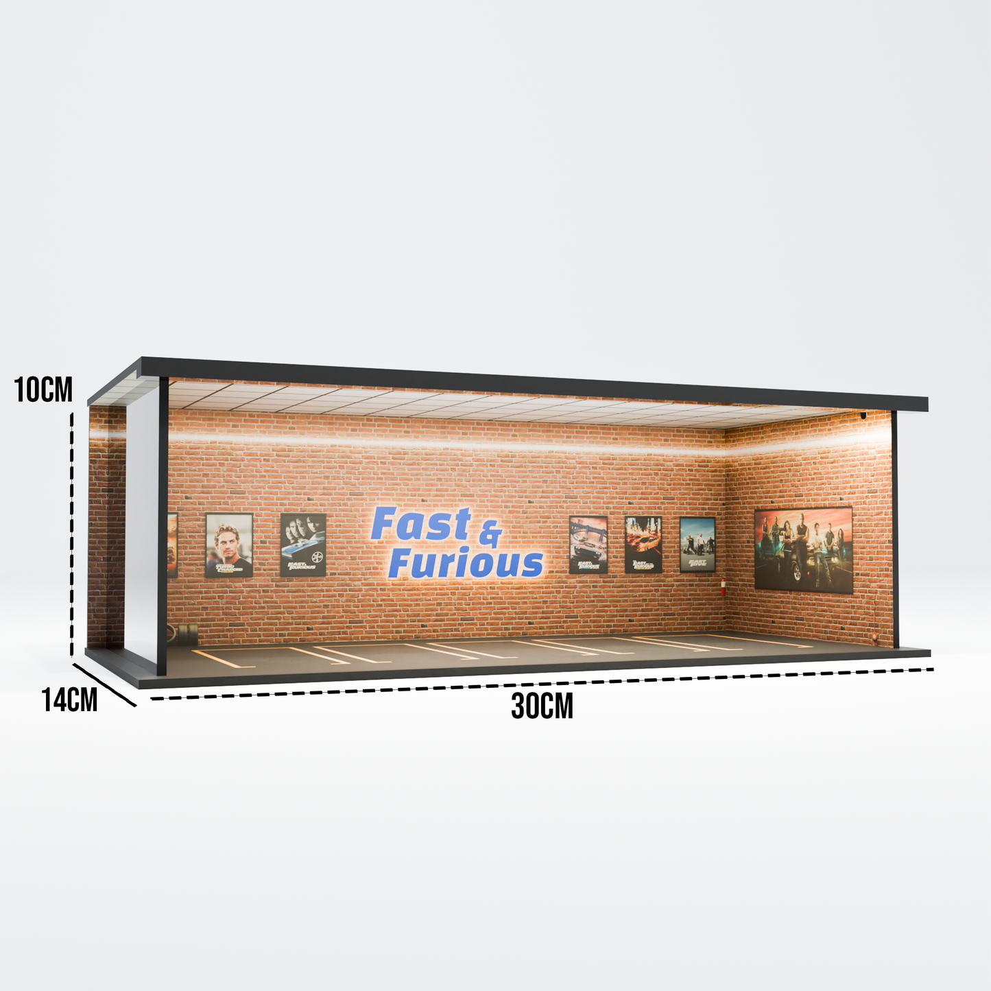 Fast & Furious Garage Diorama – 1:64 Scale Acrylic Diorama (30x14x10 cm)