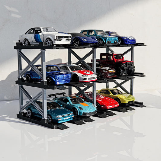 1:64 Diecast Car Display Enclousure– Multi-Tier Collectible Diecast Cars Storage for Hot Wheels, Mini GT & Matchbox | Matte Black & Silver (4 Tier – 16 Car Capacity)