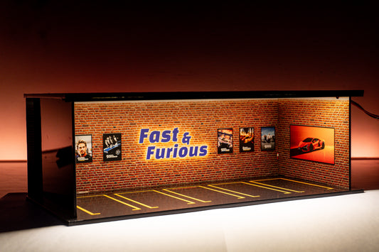 Fast & Furious Garage Diorama – 1:64 Scale Acrylic Diorama (30x14x10 cm)