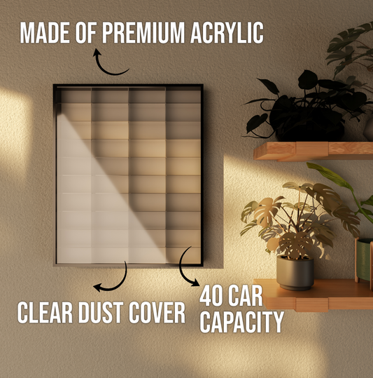 Acrylic Display Case for Diecast cars 40 Car Wall Mount Shelf for 1:64 Scale Diecast Cars, Clear Dust Cover, Premium Collector Grade Showcase
