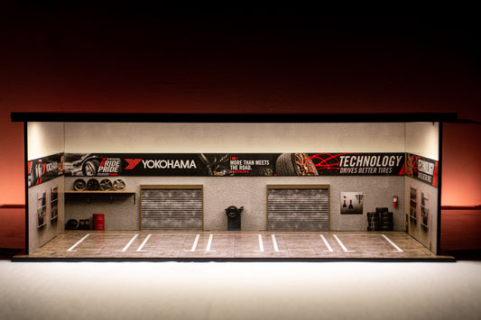 Yokohama Tire Workshop Garage Diorama – 1:64 Scale Acrylic Diorama (30x14x10 cm)