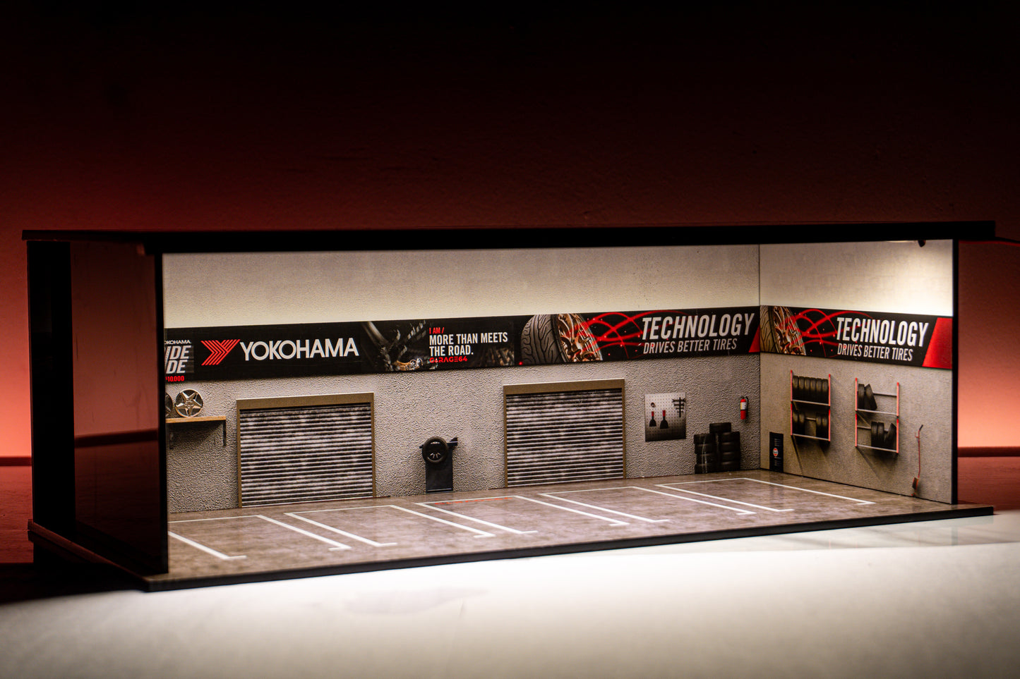 Yokohama Tire Workshop Garage Diorama – 1:64 Scale Acrylic Diorama (30x14x10 cm)