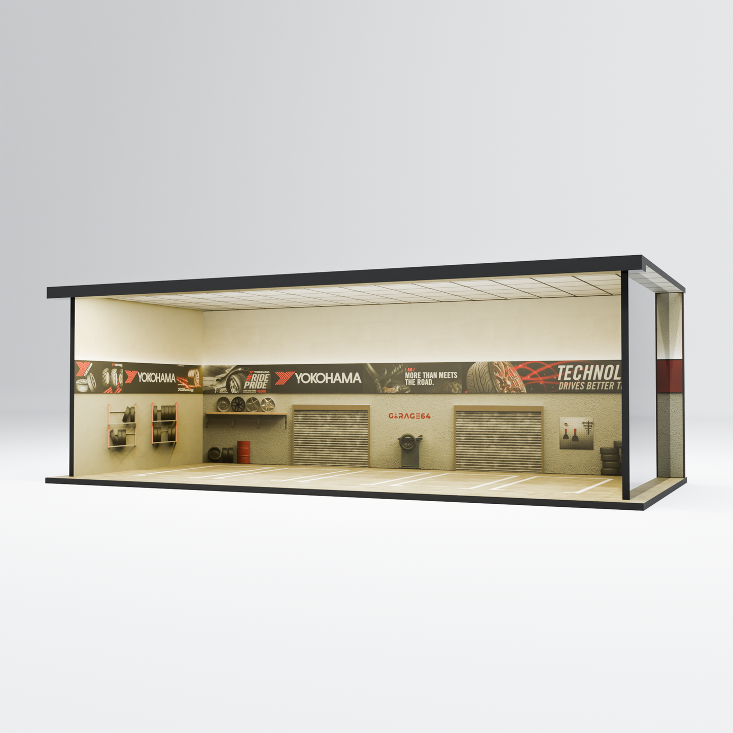 Yokohama Tire Workshop Garage Diorama – 1:64 Scale Acrylic Diorama (30x14x10 cm)