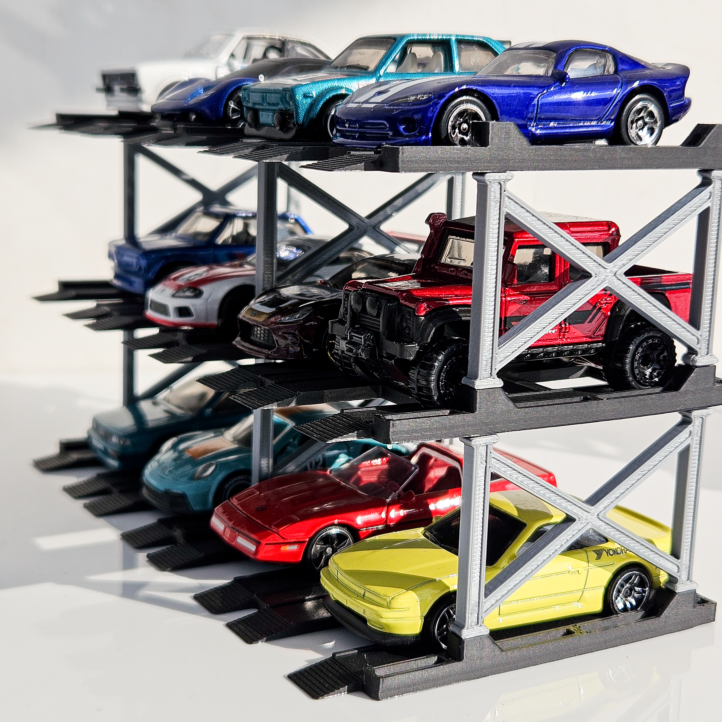 1:64 Diecast Car Display Enclousure– Multi-Tier Collectible Diecast Cars Storage for Hot Wheels, Mini GT & Matchbox | Matte Black & Silver (4 Tier – 16 Car Capacity)