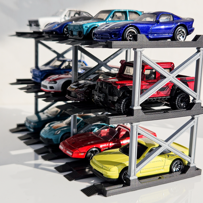 1:64 Diecast Car Display Enclousure– Multi-Tier Collectible Diecast Cars Storage for Hot Wheels, Mini GT & Matchbox | Matte Black & Silver (4 Tier – 16 Car Capacity)