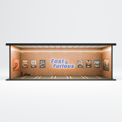 Fast & Furious Garage Diorama – 1:64 Scale Acrylic Diorama (30x14x10 cm)