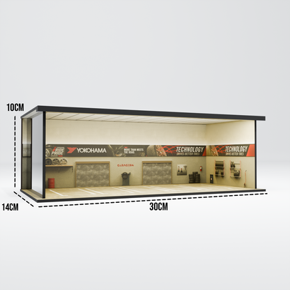 Yokohama Tire Workshop Garage Diorama – 1:64 Scale Acrylic Diorama (30x14x10 cm)