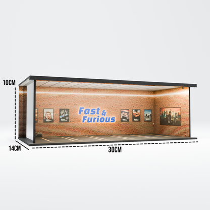 Fast & Furious Garage Diorama – 1:64 Scale Acrylic Diorama (30x14x10 cm)