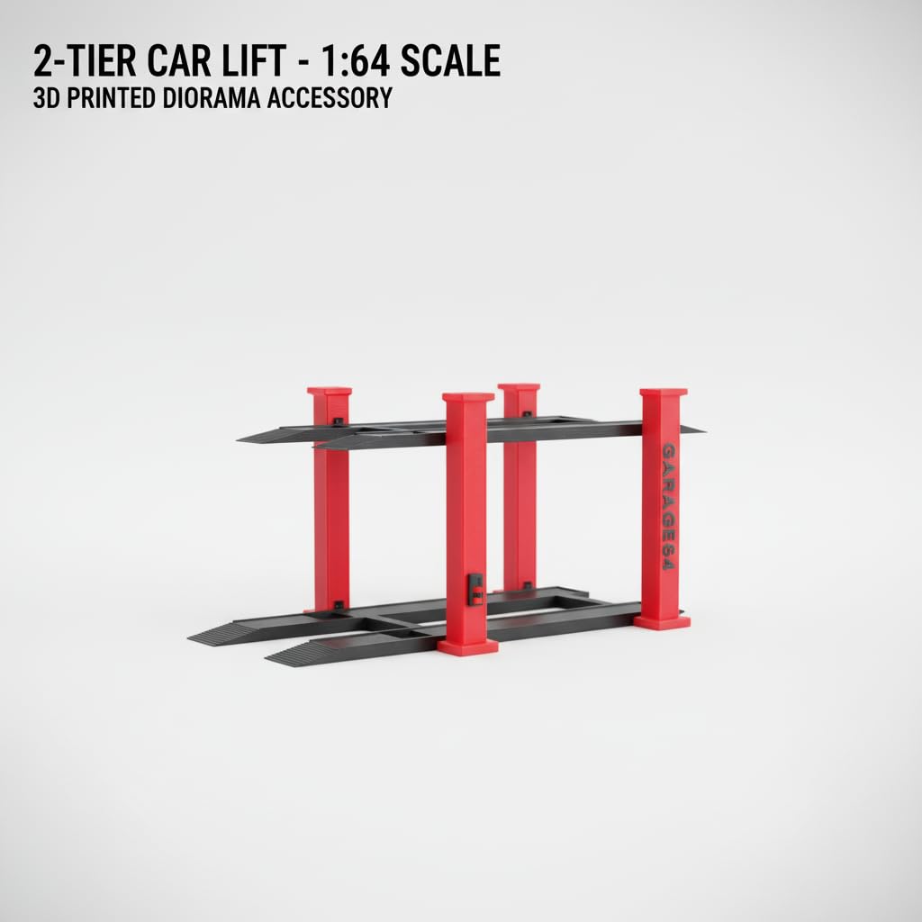 Garage64 1/64 Scale Dual-Tier Car Lift Set – Miniature Diecast Garage Diorama Accessory for Hot Wheels, Matchbox, Greenlight – 2 Post Car Lift with Red Pillars & Black Base, Set of 2