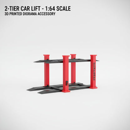Garage64 1/64 Scale Dual-Tier Car Lift Set – Miniature Diecast Garage Diorama Accessory for Hot Wheels, Matchbox, Greenlight – 2 Post Car Lift with Red Pillars & Black Base, Set of 2