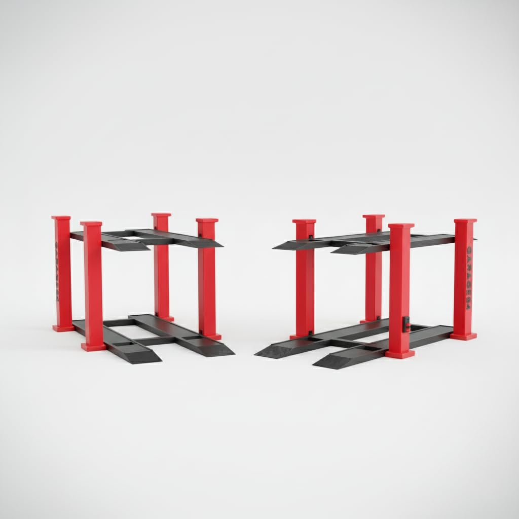 Garage64 1/64 Scale Dual-Tier Car Lift Set – Miniature Diecast Garage Diorama Accessory for Hot Wheels, Matchbox, Greenlight – 2 Post Car Lift with Red Pillars & Black Base, Set of 2