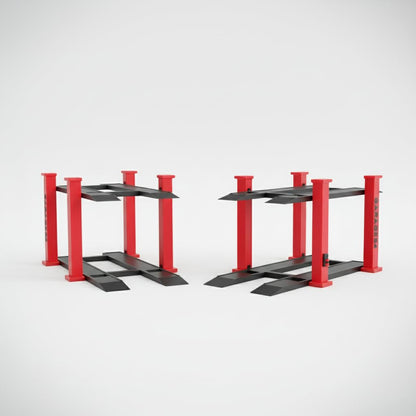 Garage64 1/64 Scale Dual-Tier Car Lift Set – Miniature Diecast Garage Diorama Accessory for Hot Wheels, Matchbox, Greenlight – 2 Post Car Lift with Red Pillars & Black Base, Set of 2