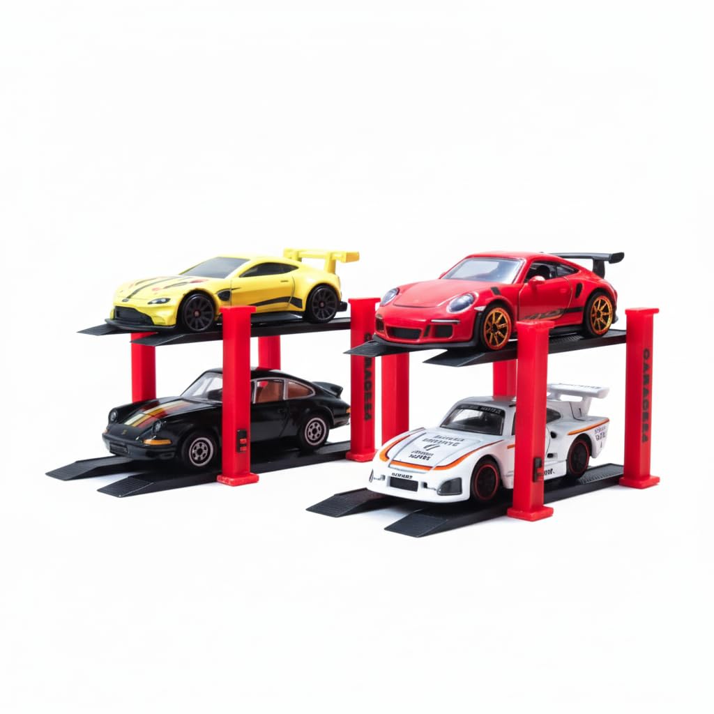 Garage64 1/64 Scale Dual-Tier Car Lift Set – Miniature Diecast Garage Diorama Accessory for Hot Wheels, Matchbox, Greenlight – 2 Post Car Lift with Red Pillars & Black Base, Set of 2