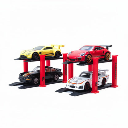 Garage64 1/64 Scale Dual-Tier Car Lift Set – Miniature Diecast Garage Diorama Accessory for Hot Wheels, Matchbox, Greenlight – 2 Post Car Lift with Red Pillars & Black Base, Set of 2