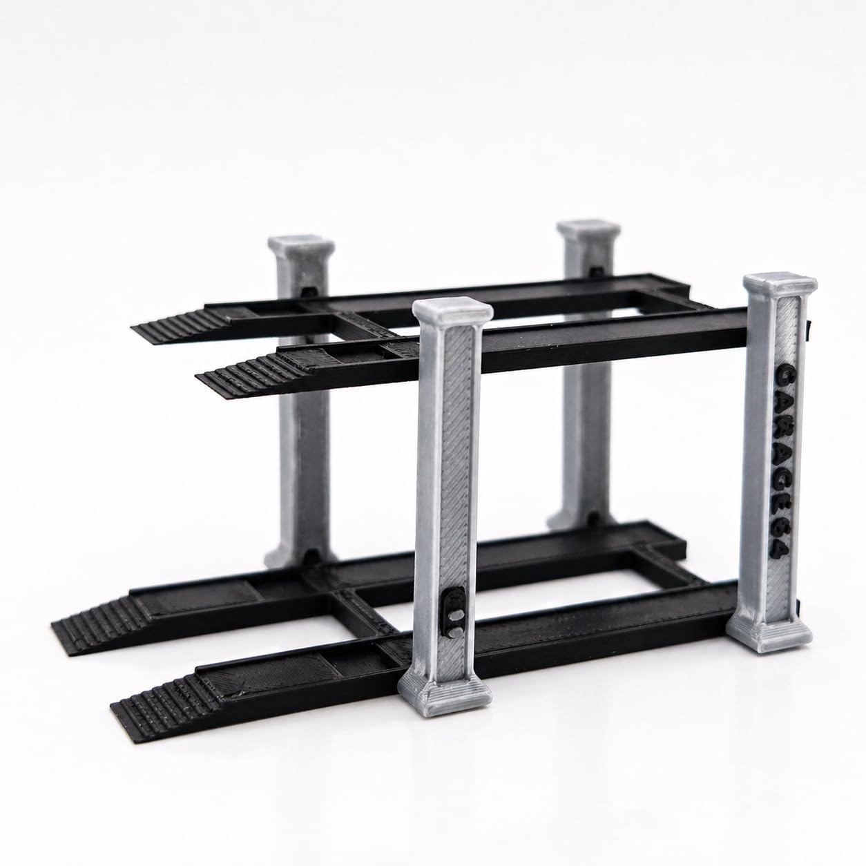 1/64 Scale 2 Tier Car Lift Diecast Garage Diorama Accessory for Hot Wheels, Matchbox, Greenlight – Two-Tier Display Car Lift with Grey Pillars & Black Base Set of 2 (Grey-Black)