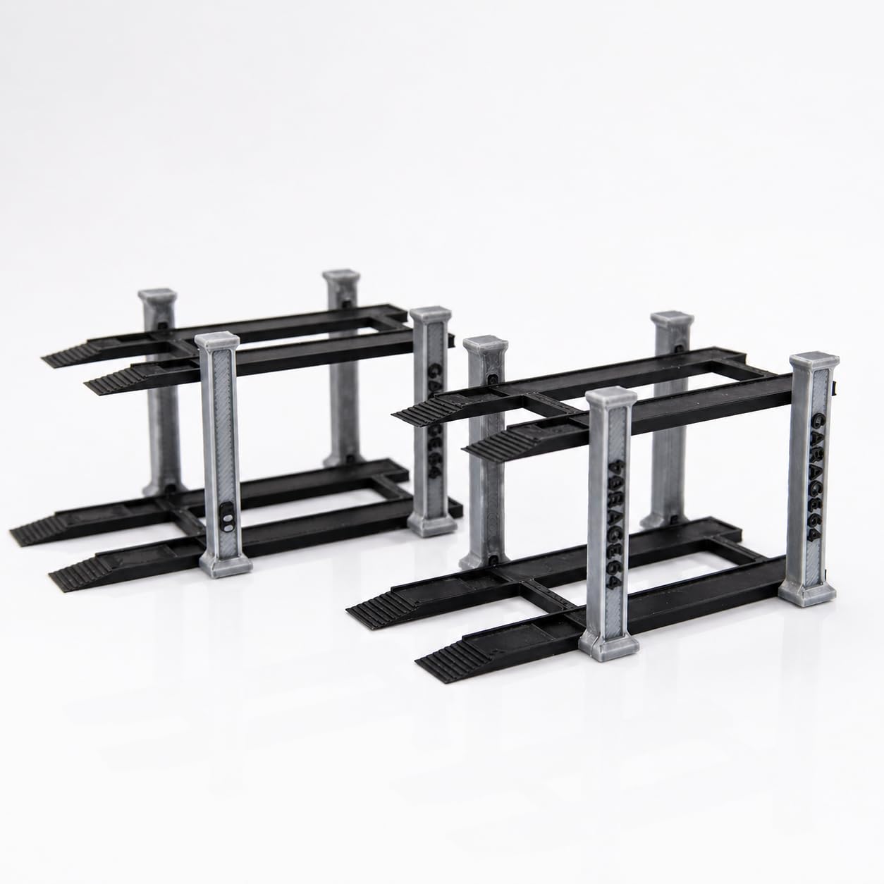 1/64 Scale 2 Tier Car Lift Diecast Garage Diorama Accessory for Hot Wheels, Matchbox, Greenlight – Two-Tier Display Car Lift with Grey Pillars & Black Base Set of 2 (Grey-Black)