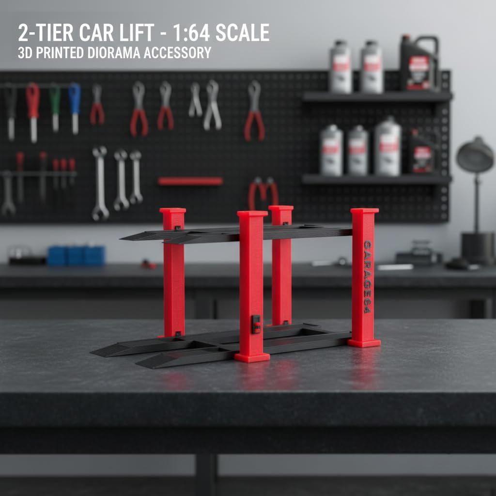 Garage64 1/64 Scale Dual-Tier Car Lift Set – Miniature Diecast Garage Diorama Accessory for Hot Wheels, Matchbox, Greenlight – 2 Post Car Lift with Red Pillars & Black Base, Set of 2