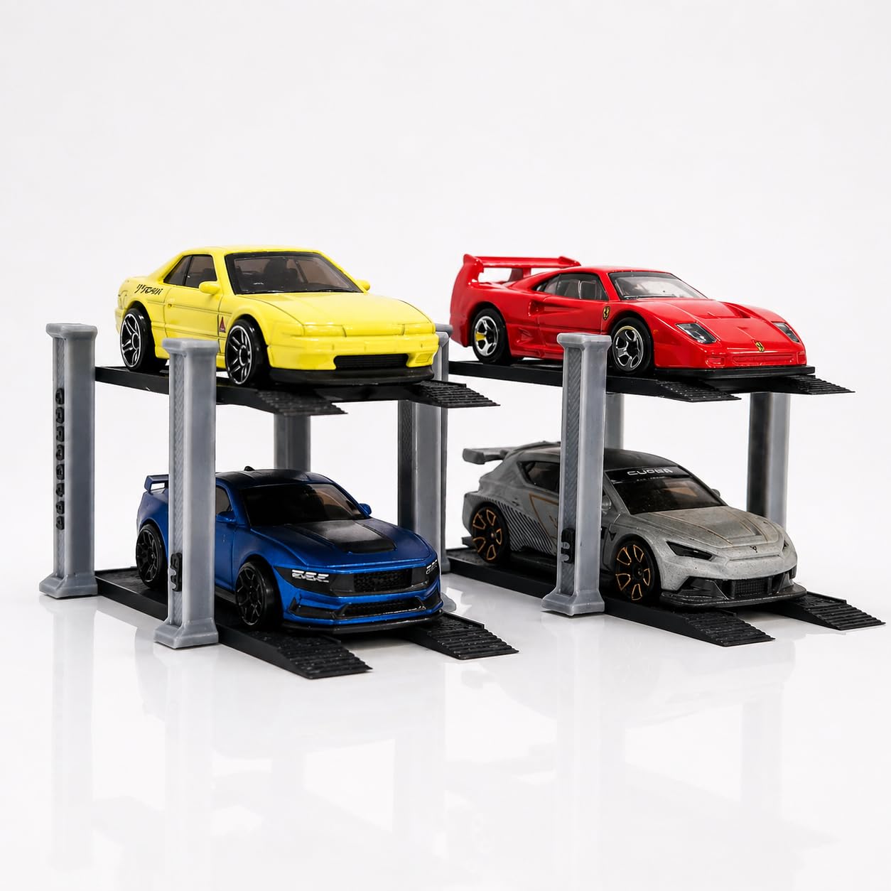 1/64 Scale 2 Tier Car Lift Diecast Garage Diorama Accessory for Hot Wheels, Matchbox, Greenlight – Two-Tier Display Car Lift with Grey Pillars & Black Base Set of 2 (Grey-Black)