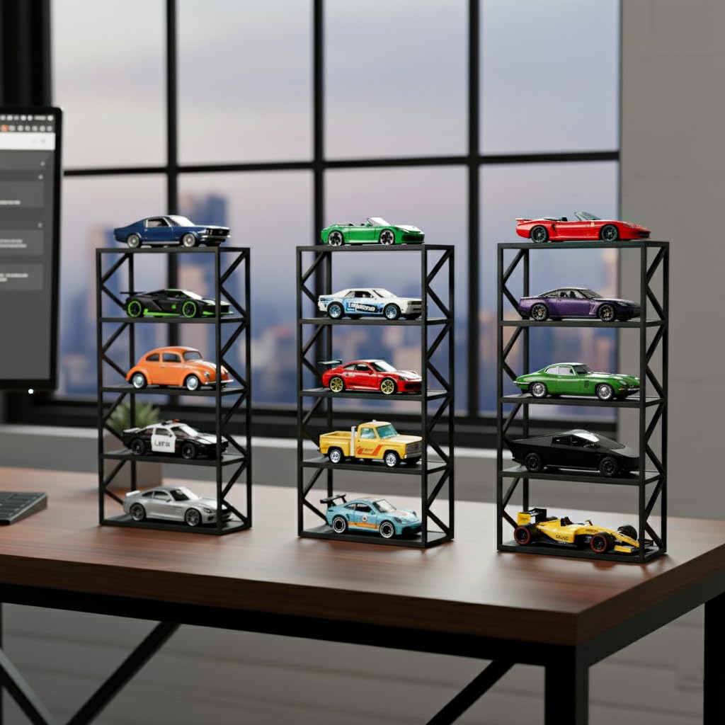 Garage64 5-Car Display Rack – Premium Matte Black Tabletop Organizer with Tire Slots & Side Guards for 1:64 Scale Diecast Cars (Hot Wheels, Matchbox, Tomica, Greenlight)