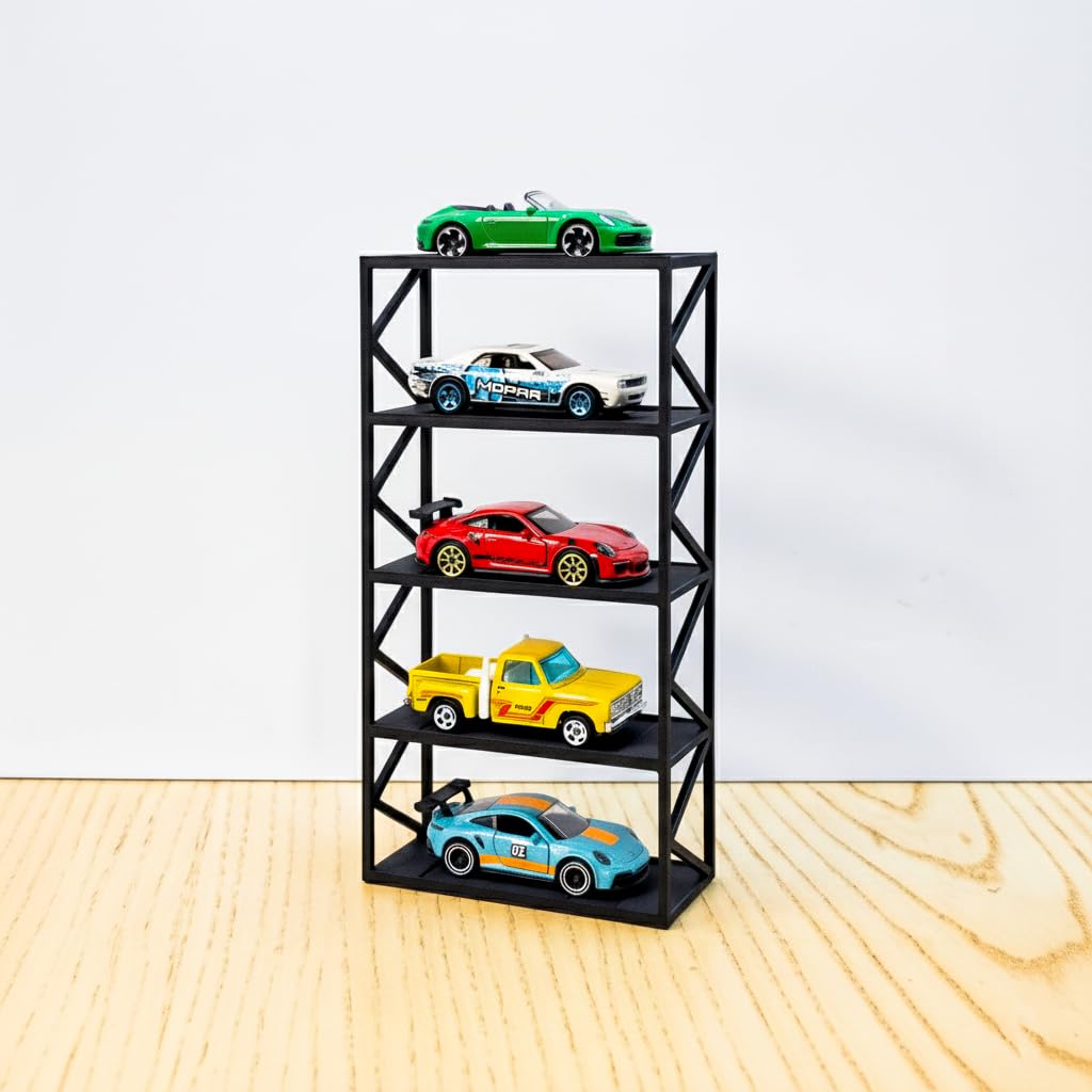 Garage64 5-Car Display Rack – Premium Matte Black Tabletop Organizer with Tire Slots & Side Guards for 1:64 Scale Diecast Cars (Hot Wheels, Matchbox, Tomica, Greenlight)