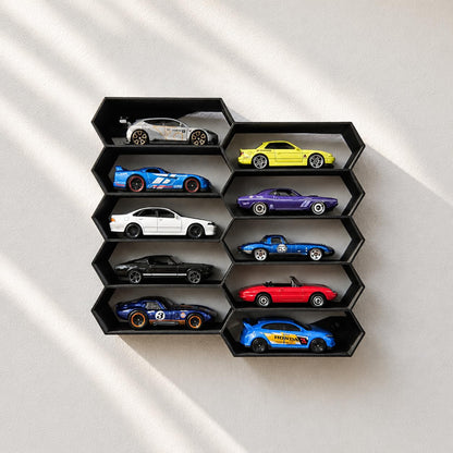 10-Car Hexagon Wall Display Rack for Hot Wheels & 1:64 Diecast Cars | Stackable Honeycomb Shelf Organizer for Toy Car Collectors & Wall Decor