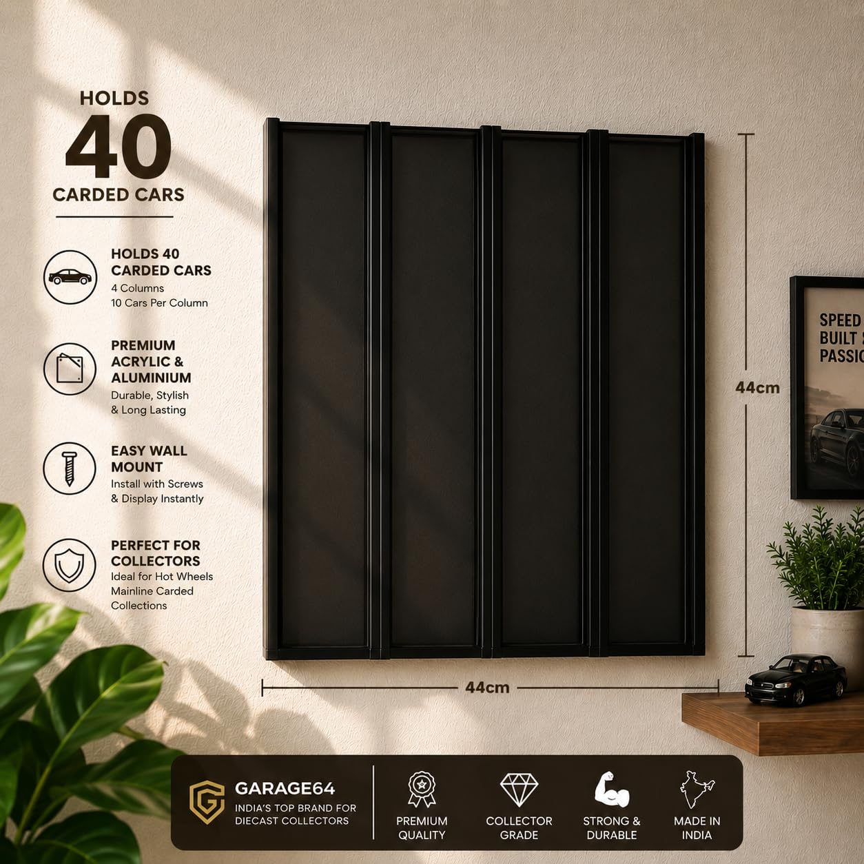 40 Carded Hot Wheels Display Case Wall Mount Acrylic & Aluminium Carded Diecast Showcase for 1:64 Mainline Cars – 4 Column Wall Organizer Holder (44x44 cm)