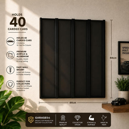 40 Carded Hot Wheels Display Case Wall Mount Acrylic & Aluminium Carded Diecast Showcase for 1:64 Mainline Cars – 4 Column Wall Organizer Holder (44x44 cm)