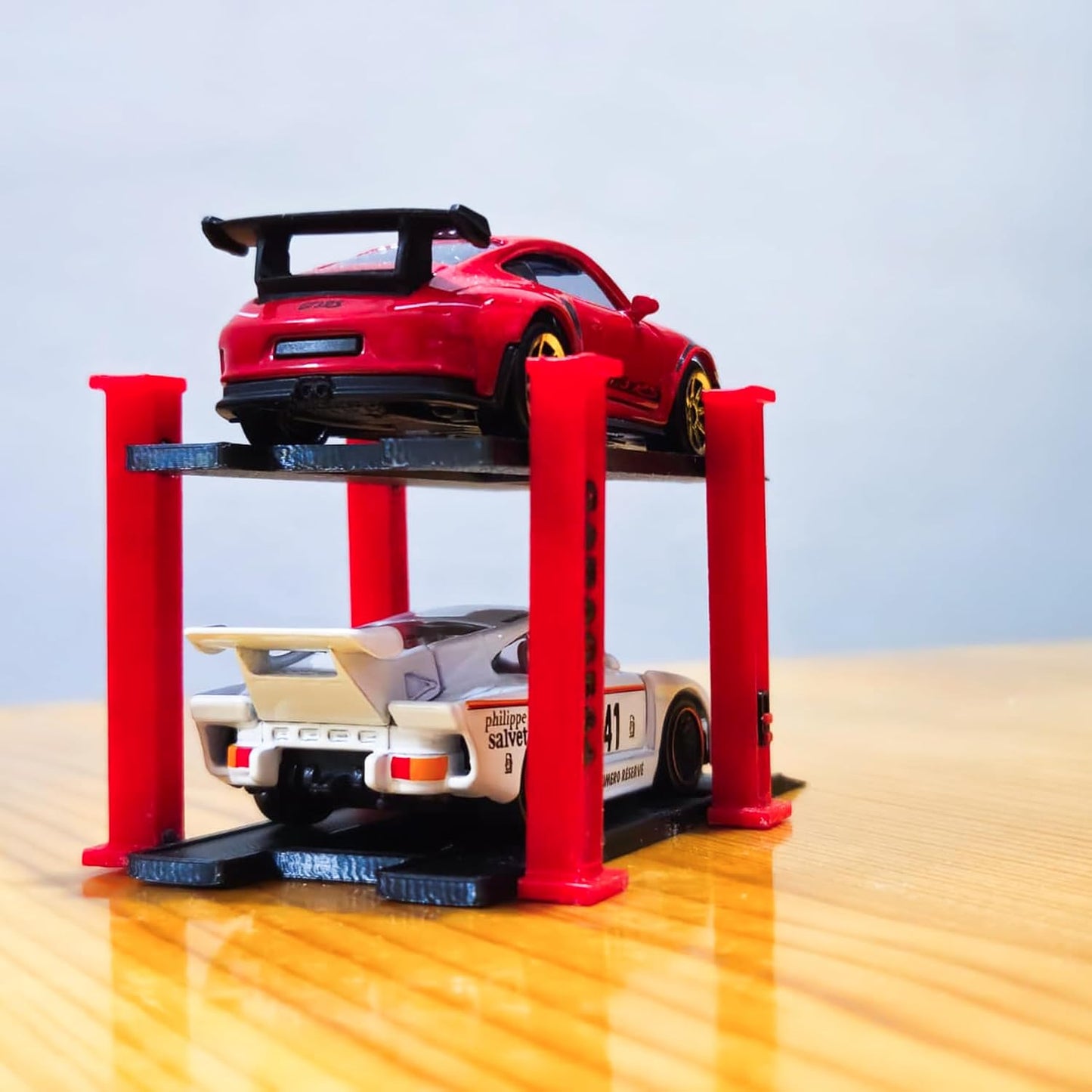 Garage64 1/64 Scale Dual-Tier Car Lift Set – Miniature Diecast Garage Diorama Accessory for Hot Wheels, Matchbox, Greenlight – 2 Post Car Lift with Red Pillars & Black Base, Set of 2