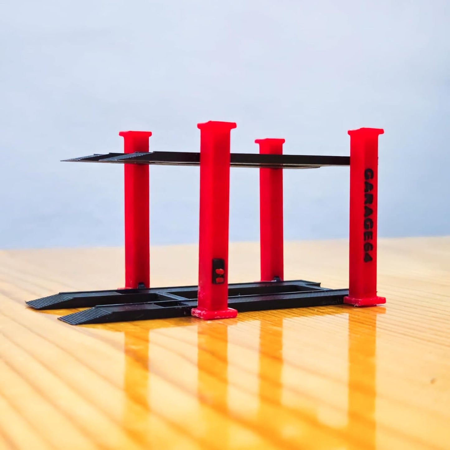 Garage64 1/64 Scale Dual-Tier Car Lift Set – Miniature Diecast Garage Diorama Accessory for Hot Wheels, Matchbox, Greenlight – 2 Post Car Lift with Red Pillars & Black Base, Set of 2
