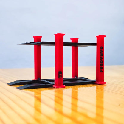 Garage64 1/64 Scale Dual-Tier Car Lift Set – Miniature Diecast Garage Diorama Accessory for Hot Wheels, Matchbox, Greenlight – 2 Post Car Lift with Red Pillars & Black Base, Set of 2