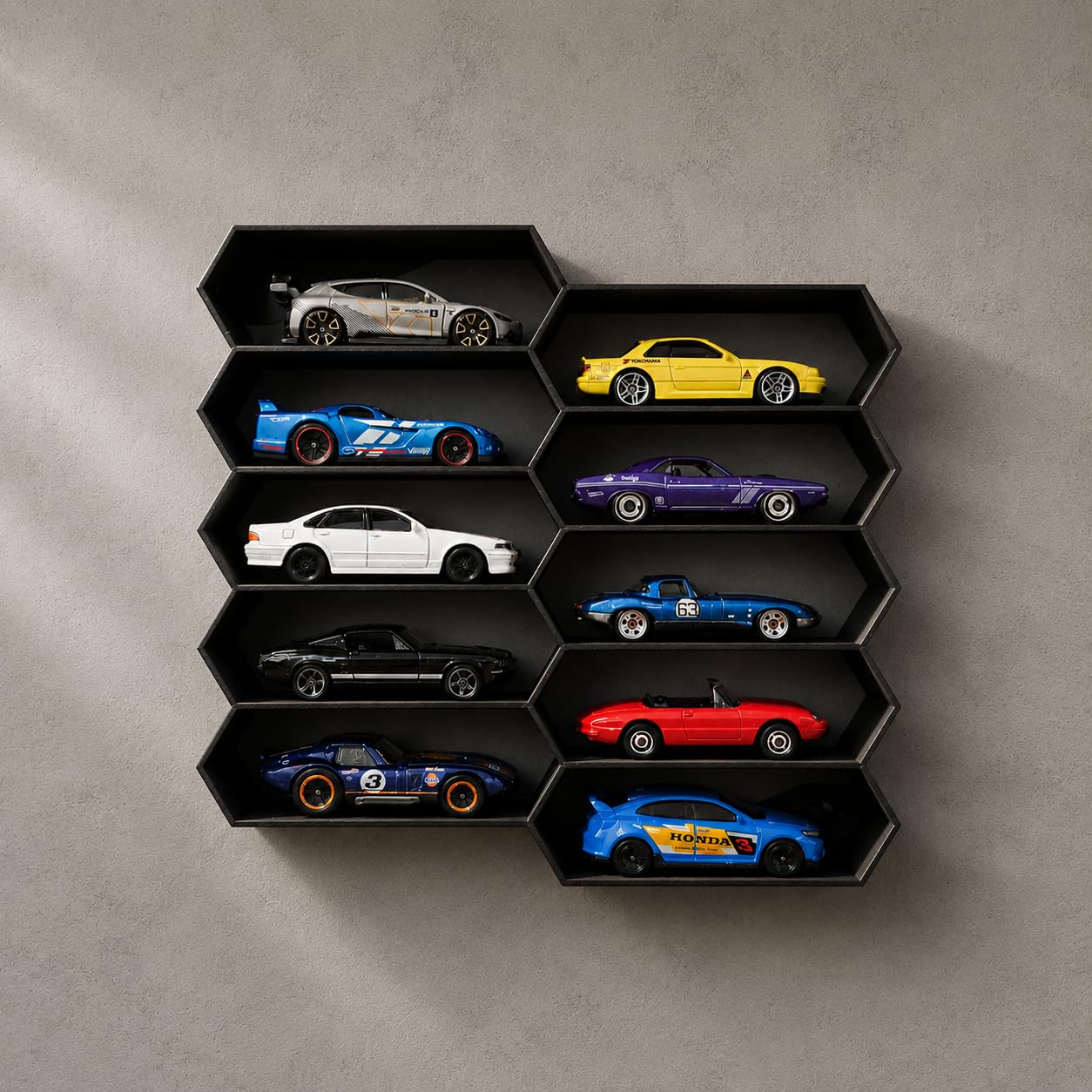 10-Car Hexagon Wall Display Rack for Hot Wheels & 1:64 Diecast Cars | Stackable Honeycomb Shelf Organizer for Toy Car Collectors & Wall Decor