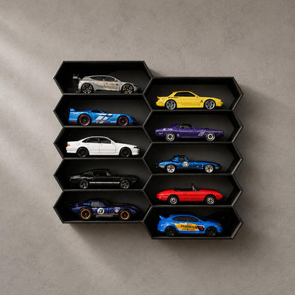 10-Car Hexagon Wall Display Rack for Hot Wheels & 1:64 Diecast Cars | Stackable Honeycomb Shelf Organizer for Toy Car Collectors & Wall Decor