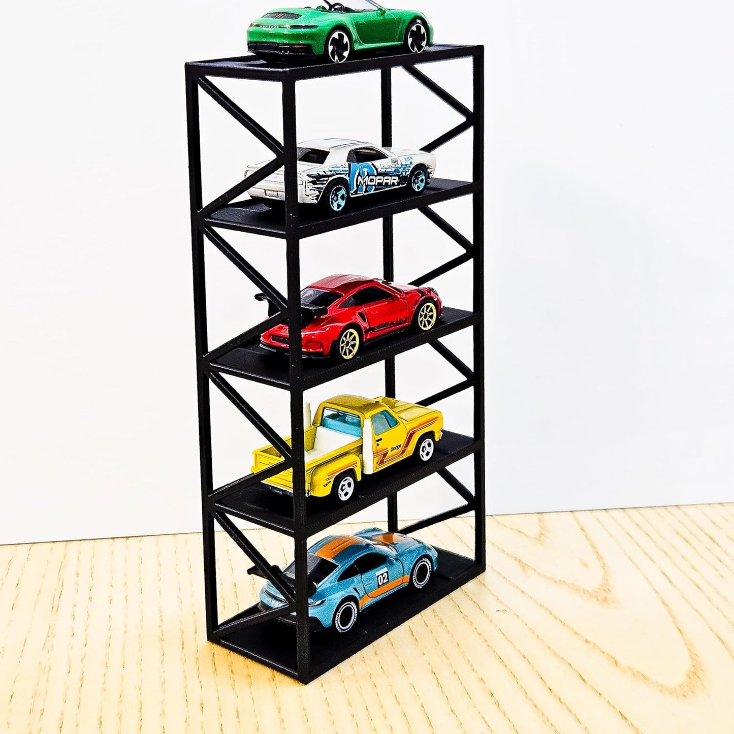 Garage64 5-Car Display Rack – Premium Matte Black Tabletop Organizer with Tire Slots & Side Guards for 1:64 Scale Diecast Cars (Hot Wheels, Matchbox, Tomica, Greenlight)