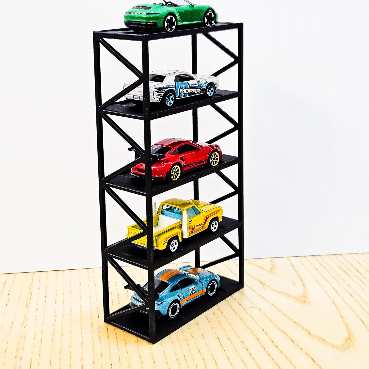Garage64 5-Car Display Rack – Premium Matte Black Tabletop Organizer with Tire Slots & Side Guards for 1:64 Scale Diecast Cars (Hot Wheels, Matchbox, Tomica, Greenlight)