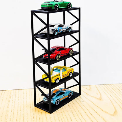Garage64 5-Car Display Rack – Premium Matte Black Tabletop Organizer with Tire Slots & Side Guards for 1:64 Scale Diecast Cars (Hot Wheels, Matchbox, Tomica, Greenlight)