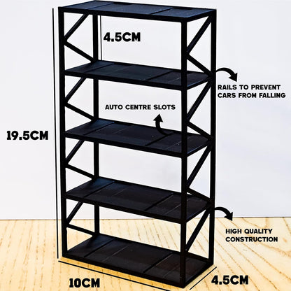 Garage64 5-Car Display Rack – Premium Matte Black Tabletop Organizer with Tire Slots & Side Guards for 1:64 Scale Diecast Cars (Hot Wheels, Matchbox, Tomica, Greenlight)