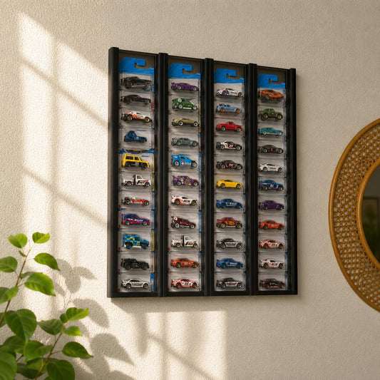 40 Carded Hot Wheels Display Case Wall Mount Acrylic & Aluminium Carded Diecast Showcase for 1:64 Mainline Cars – 4 Column Wall Organizer Holder (44x44 cm)