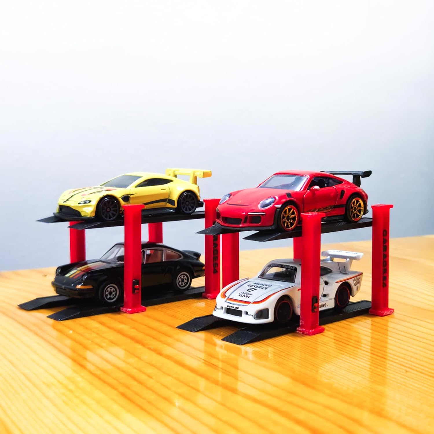 Garage64 1/64 Scale Dual-Tier Car Lift Set – Miniature Diecast Garage Diorama Accessory for Hot Wheels, Matchbox, Greenlight – 2 Post Car Lift with Red Pillars & Black Base, Set of 2