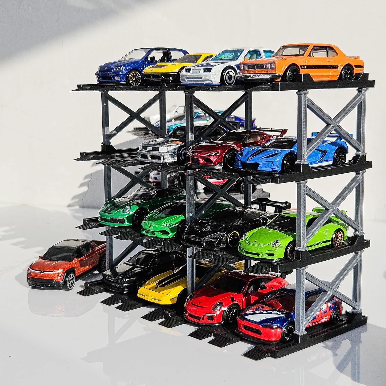 1:64 Diecast Car Display Enclousure– Multi-Tier Collectible Diecast Cars Storage for Hot Wheels, Mini GT & Matchbox | Matte Black & Silver (4 Tier – 16 Car Capacity)