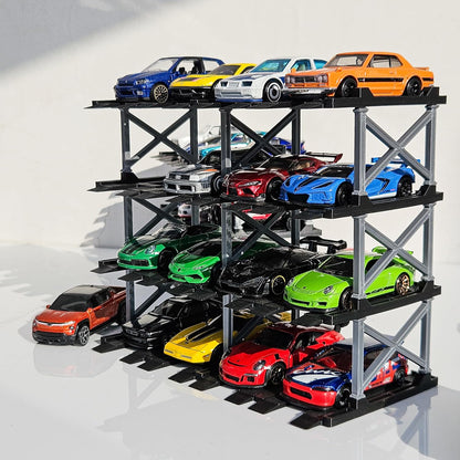 1:64 Diecast Car Display Enclousure– Multi-Tier Collectible Diecast Cars Storage for Hot Wheels, Mini GT & Matchbox | Matte Black & Silver (4 Tier – 16 Car Capacity)