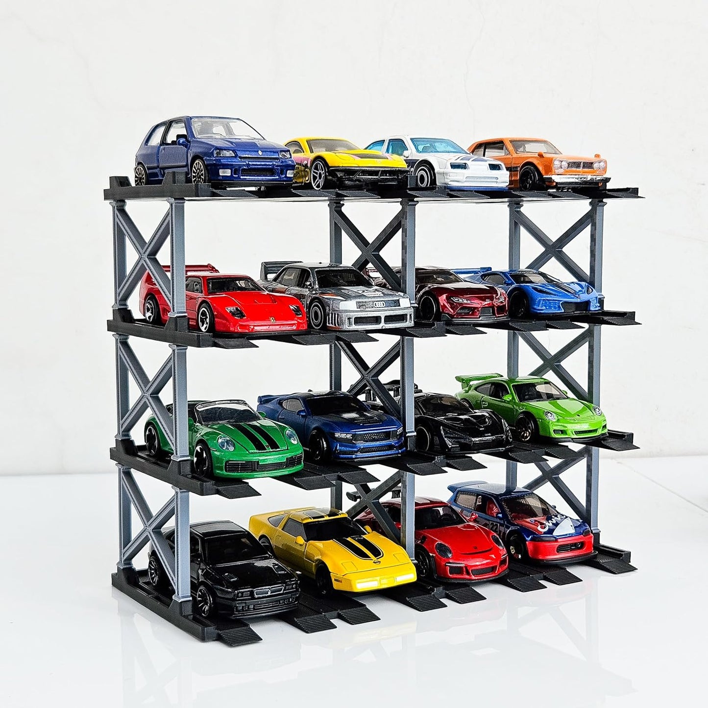 1:64 Diecast Car Display Enclousure– Multi-Tier Collectible Diecast Cars Storage for Hot Wheels, Mini GT & Matchbox | Matte Black & Silver (4 Tier – 16 Car Capacity)