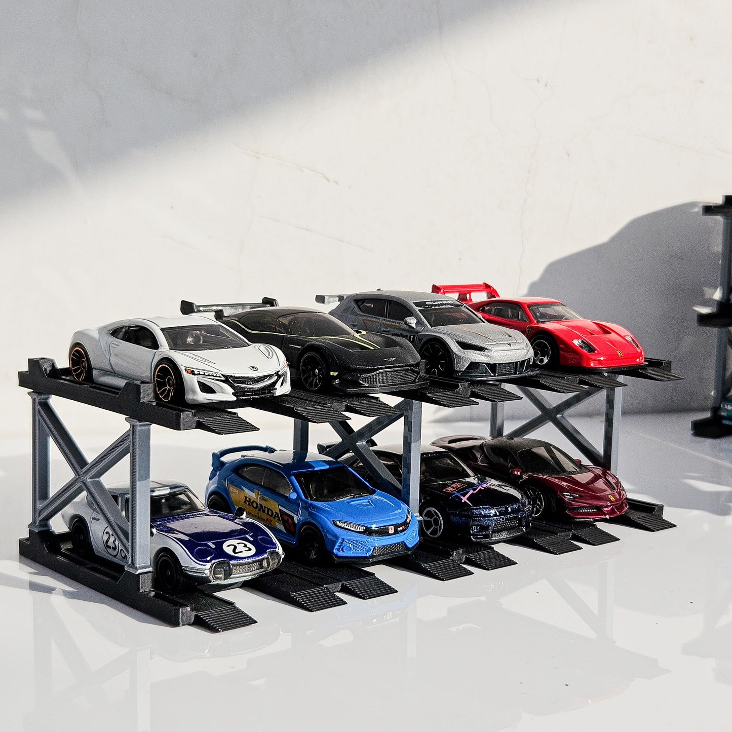 1:64 Diecast Car Display Enclousure– Multi-Tier Collectible Diecast Cars Storage for Hot Wheels, Mini GT & Matchbox | Matte Black & Silver (4 Tier – 16 Car Capacity)