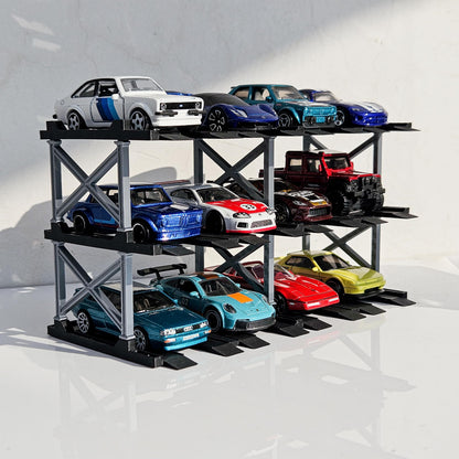 1:64 Diecast Car Display Enclousure– Multi-Tier Collectible Diecast Cars Storage for Hot Wheels, Mini GT & Matchbox | Matte Black & Silver (4 Tier – 16 Car Capacity)