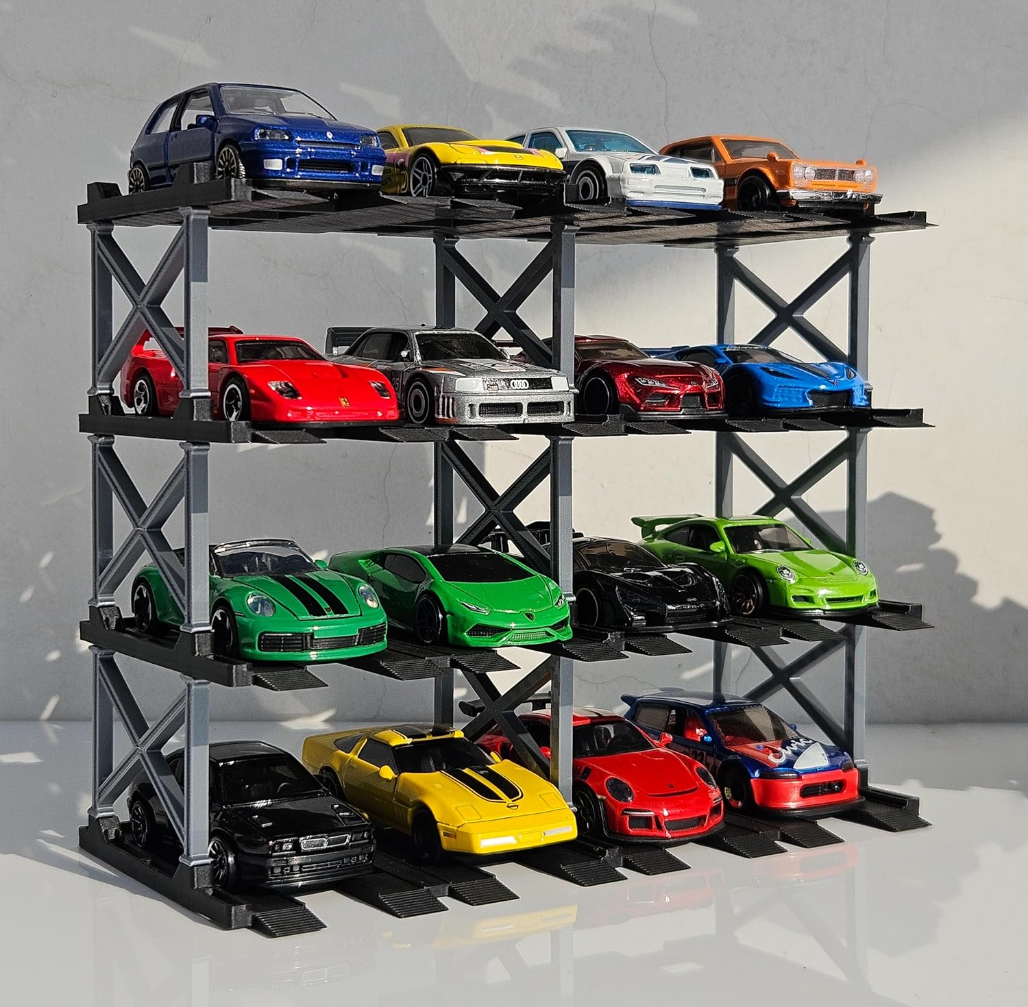 1:64 Diecast Car Display Enclousure– Multi-Tier Collectible Diecast Cars Storage for Hot Wheels, Mini GT & Matchbox | Matte Black & Silver (4 Tier – 16 Car Capacity)
