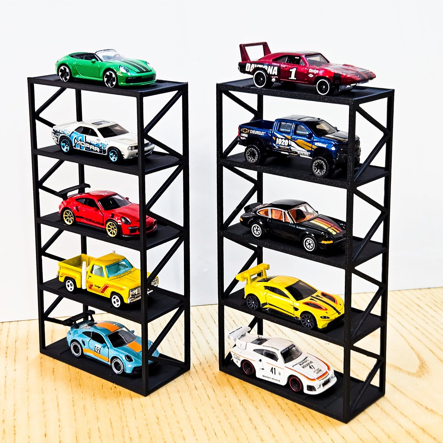 Garage64 5-Car Display Rack – Premium Matte Black Tabletop Organizer with Tire Slots & Side Guards for 1:64 Scale Diecast Cars (Hot Wheels, Matchbox, Tomica, Greenlight)