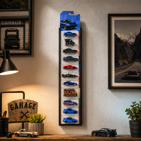 Garage64 Carded Hot Wheels Wall Display Mount 10 Car Capacity | Easy to Install Wall Organizer for Mainline Hotwheels
